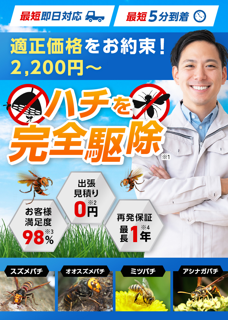 最短5分到着 最短即日対応 適正価格をお約束！ハチを完全駆除 出張見積り0円 お客様満足度98％ 再発保証最長1年